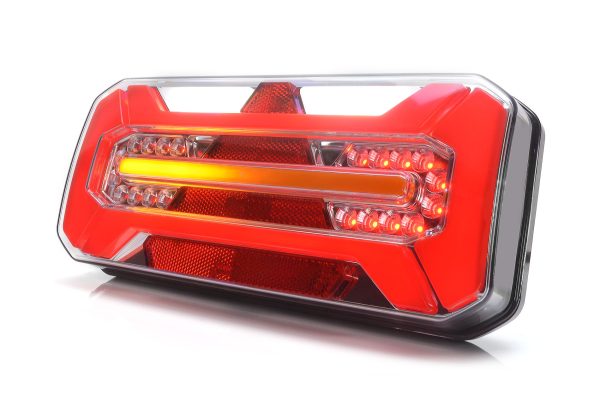 WAŚ W184DD - Højre firkantet LED baglygte med positionslys, stoplys, baklys, tågelys, nummerpladelys, dynamisk blinklys samt trekantrefleks. NEON-look.